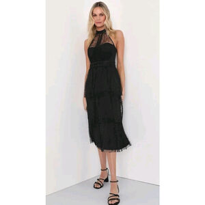 Lulus Positively Precious Black Floral Mesh Tiered Halter Midi Dress Size S...